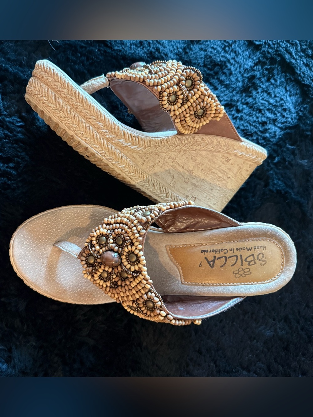 Sbicca Beaded Tan Platform Wedge Sandals